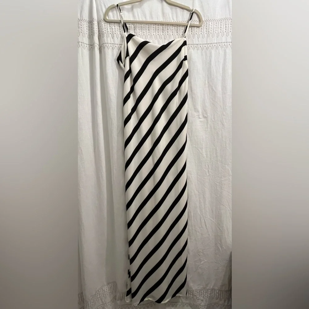 NWT Black and White Striped Satin Slip Maxi Dress size Medium Tall